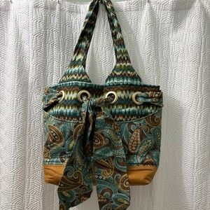 Paisley Chevron‎ Print Shoulder Bag Tote Bag, Bronze Accents, Tie Detail